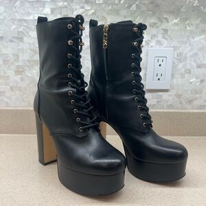 Michael Kors Natasha Leather Black Platform Boots Lace-up 5” Heel 1.5” Platform